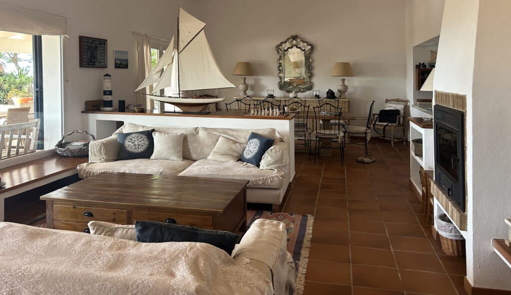Spacious living room at La Calera villa in Binibeca Menorca
