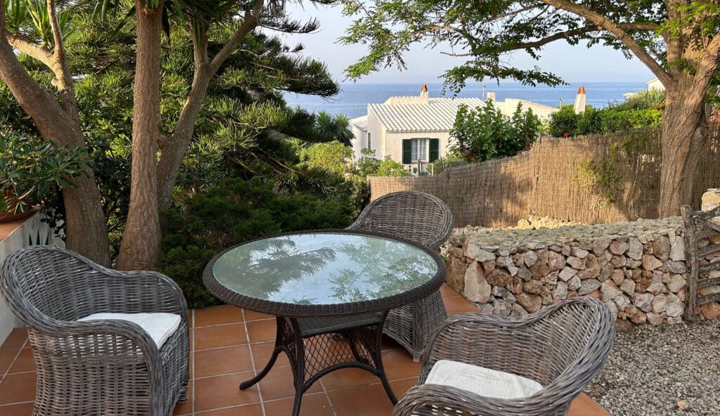 Terrace at La Calera villa in Binibeca Menorca with Mediterranean sea views